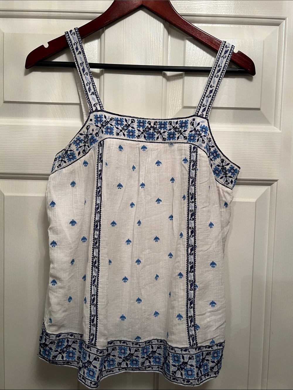 Joie White Tank Top with Blue Embroidered Trim